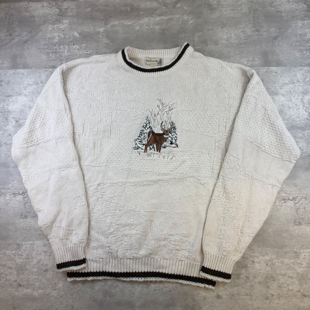 Fieldmaster Mens LT Cream Cotton Knit Embroidered Deer Buck Sweater Made in USA